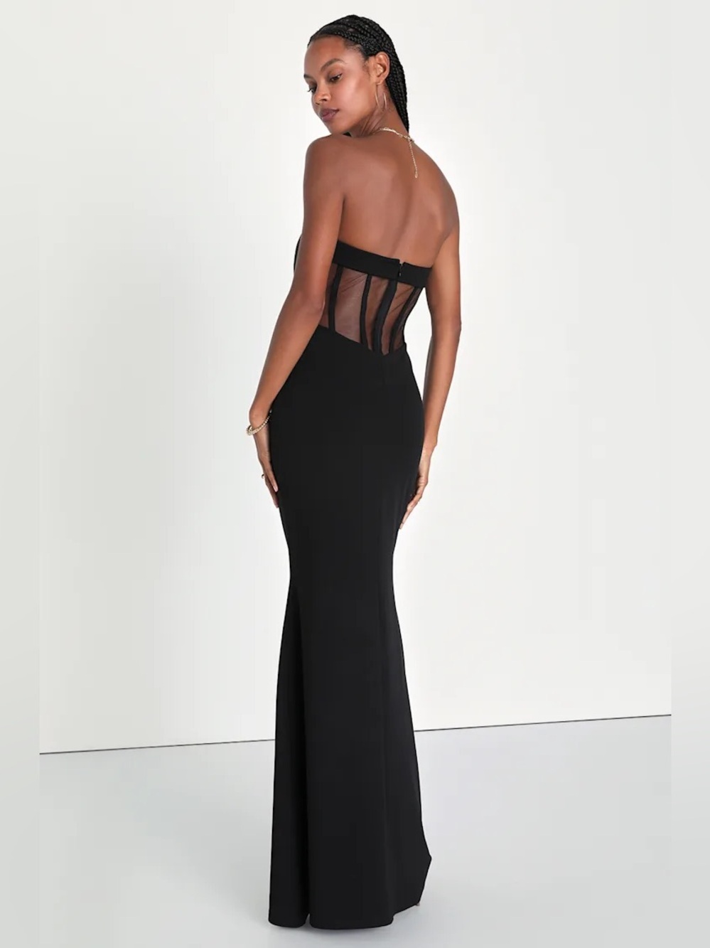 Lulus Iconic Arrival Black Strapless Bustier Mermaid Maxi Dress